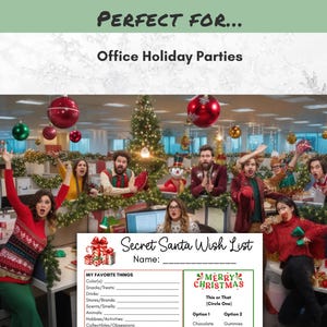 K&ouml;nnte beinhalten: Eine festliche B&uuml;roweihnachtsfeier mit feiernden Menschen. Das Bild enth&auml;lt eine Secret Santa Wunschlisten-Vorlage mit Aufforderungen f&uuml;r Lieblingsdinge und einen "Frohe Weihnachten"-Abschnitt. Rote und gr&uuml;ne Ornamente und Weihnachtsb&auml;ume schm&uuml;cken das B&uuml;ro.