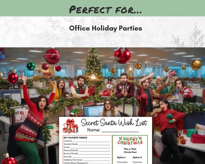 K&ouml;nnte beinhalten: Eine festliche B&uuml;roweihnachtsfeier mit feiernden Menschen. Das Bild enth&auml;lt eine Secret Santa Wunschlisten-Vorlage mit Aufforderungen f&uuml;r Lieblingsdinge und einen "Frohe Weihnachten"-Abschnitt. Rote und gr&uuml;ne Ornamente und Weihnachtsb&auml;ume schm&uuml;cken das B&uuml;ro.