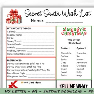 K&ouml;nnte beinhalten: Eine druckbare Secret Santa Wunschliste mit Abschnitten f&uuml;r Lieblingsdinge, Vorlieben und einem "Dies oder Das"-Spiel. Das Design zeigt ein festliches Weihnachtsthema mit Geschenkillustrationen und dem Text "Merry Christmas".