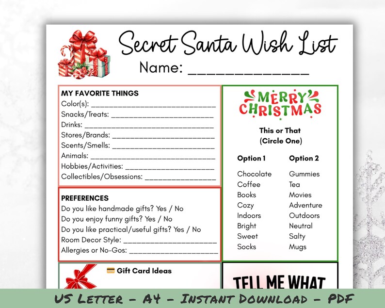 K&ouml;nnte beinhalten: Eine druckbare Secret Santa Wunschliste mit Abschnitten f&uuml;r Lieblingsdinge, Vorlieben und einem "Dies oder Das"-Spiel. Das Design zeigt ein festliches Weihnachtsthema mit Geschenkillustrationen und dem Text "Merry Christmas".
