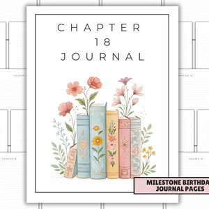 Könnte beinhalten: Ein Journal-Cover mit dem Text "CHAPTER 18 JOURNAL". Das Design zeigt eine Aquarellillustration von Büchern mit floralen Akzenten. Unten rechts steht "MILESTONE BIRTHDAY JOURNAL PAGES".