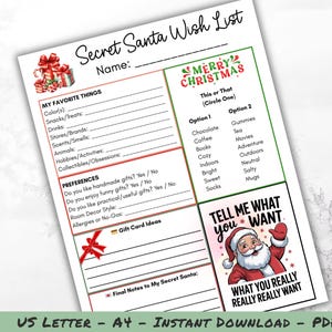 K&ouml;nnte beinhalten: Eine druckbare Secret Santa Wunschliste mit weihnachtlichem Thema. Das Formular enth&auml;lt Abschnitte f&uuml;r Lieblingsdinge, Vorlieben und Geschenkideen. Enth&auml;lt eine Weihnachtsmann-Illustration mit dem Text "Tell Me What You Want".