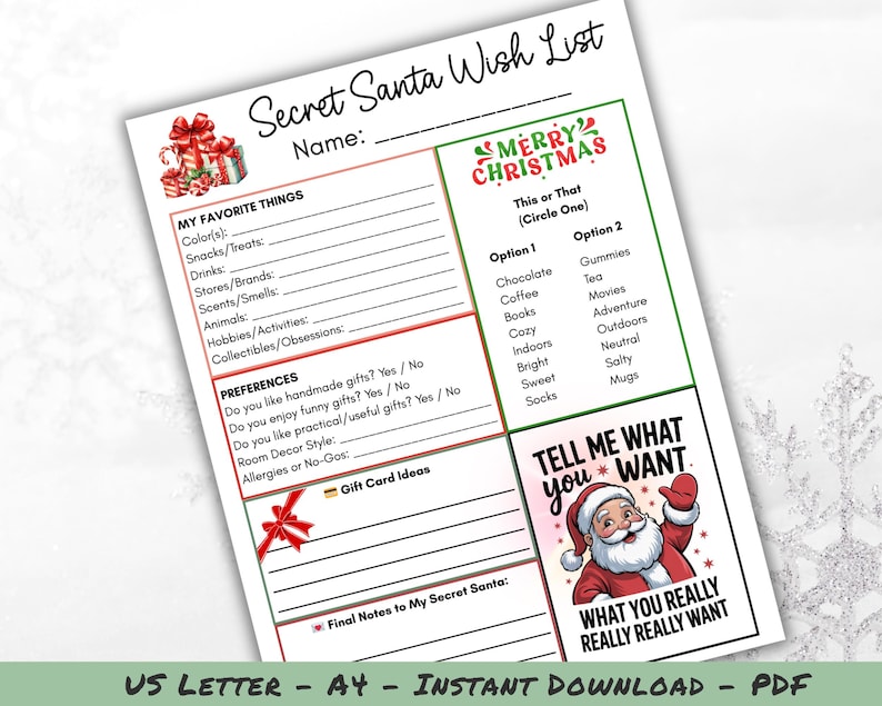 K&ouml;nnte beinhalten: Eine druckbare Secret Santa Wunschliste mit weihnachtlichem Thema. Das Formular enth&auml;lt Abschnitte f&uuml;r Lieblingsdinge, Vorlieben und Geschenkideen. Enth&auml;lt eine Weihnachtsmann-Illustration mit dem Text "Tell Me What You Want".