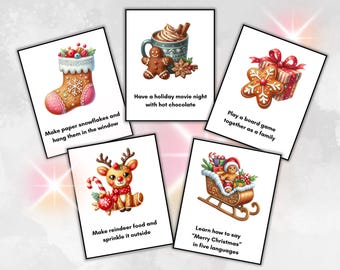 May include: Five illustrated Christmas activity cards. Each card features a different holiday activity, including making snowflakes, drinking hot chocolate, playing board games, making reindeer food, and learning "Merry Christmas" in five languages.