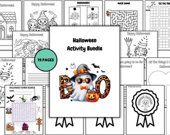 May include: A Halloween activity bundle with 19 pages, featuring coloring pages, mazes, and word searches. The cover art includes a ghost wearing sunglasses, a witch hat, and holding a pumpkin. The word "BOO" is also featured.