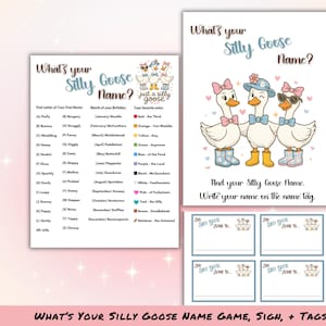 May include: A set of printable party game materials with a whimsical theme. The design features the text "What's Your Silly Goose Name?" along with illustrations of geese wearing accessories. Includes a game sheet, sign, and name tags.