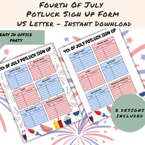 Puede incluir: Dos formularios de inscripción para la comida compartida del 4 de julio con detalles en rojo, blanco y azul. Los formularios están etiquetados con categorías para aperitivos, platos principales, guarniciones, postres, bebidas y varios.