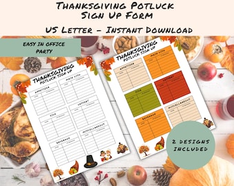 Könnte beinhalten: Zwei Thanksgiving-Potluck-Anmeldeformulare mit herbstlichen Grafiken. Die Formulare sind mit Kategorien wie Vorspeise, Hauptgericht und Dessert versehen. Der Text "Thanksgiving Potluck Sign Up Form" steht oben. Die Formulare sind im US-Letter-Format.