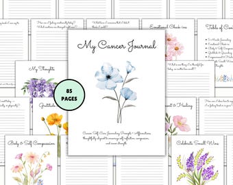 Op de afbeelding: Een dagboek met de titel "My Cancer Journal" en 85 pagina's. De omslag toont een aquarel illustratie van blauwe bloemen. Het bevat prompts voor zelfzorg, affirmaties en emotionele check-ins.