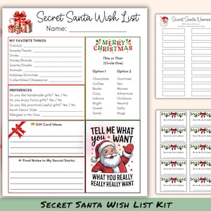 May include: A Secret Santa Wish List kit with a festive Christmas theme. The kit includes a wish list, name list, and gift tags. The wish list features sections for favourite things and preferences. The kit has a Santa Claus graphic.