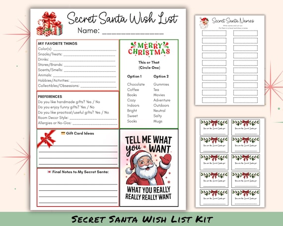 Secret Santa Wish List Kit, Christmas Wishlist, Secret Santa Questionnaire for Coworkers, Secret Santa Survey, Secret Santa Printable Form