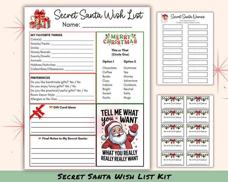 May include: A Secret Santa Wish List kit with a festive Christmas theme. The kit includes a wish list, name list, and gift tags. The wish list features sections for favourite things and preferences. The kit has a Santa Claus graphic.