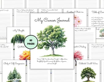 Op de afbeelding: Een dagboek getiteld "My Cancer Journal" met een geïllustreerde boom op de omslag. Het dagboek bevat 85 pagina's met prompts voor zelfzorg, affirmaties en reflectie. Omringende pagina's bevatten prompts voor emotionele check-ins en dankbaarheid.