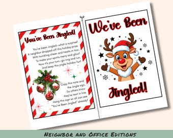 May include: A festive Christmas card with the phrases "You've Been Jingled!" and "We've Been Jingled!" features a reindeer illustration and holiday decorations. The card includes a poem and instructions for a holiday game.