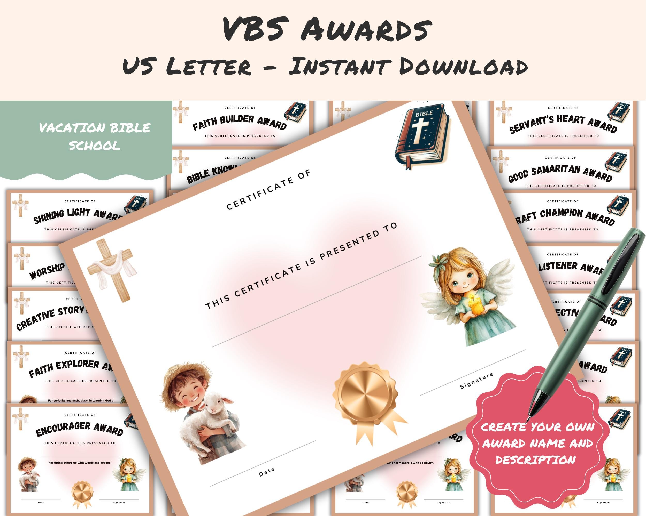 Vacation Bible School Certificate, VBS Awards, Sunday School, Childrens ...