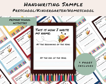 Könnte beinhalten: Handschriftprobe für Vorschule, Kindergarten und Homeschooling. Das Bild zeigt Grundschulaktivitäten mit dem Text "So schreibe ich meinen Namen" und einer Biene, die einen Bleistift hält. Enthält 9 Seiten.
