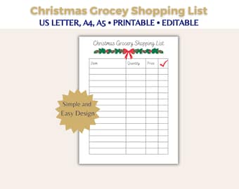 Christmas Grocery Shopping List, Christmas Shopping List Printable, Christmas Grocery Shopping List Editable Printable, Dinner Shopping List