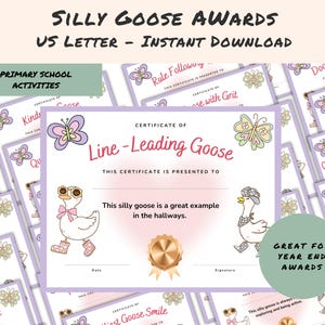 May include: A collection of printable "Silly Goose Awards" certificates. The certificates feature cartoon geese, butterflies, and text such as "Line-Leading Goose" and "Primary School Activities." The certificates are designed for year-end awards.