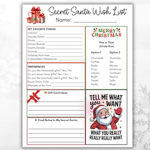 K&ouml;nnte beinhalten: Eine Secret Santa Wunschliste zum Ausdrucken mit Abschnitten f&uuml;r Lieblingsdinge, Vorlieben und Geschenkideen. Das Design beinhaltet eine "Merry Christmas" Grafik und eine Illustration des Weihnachtsmanns mit dem Text "Tell Me What You Want".