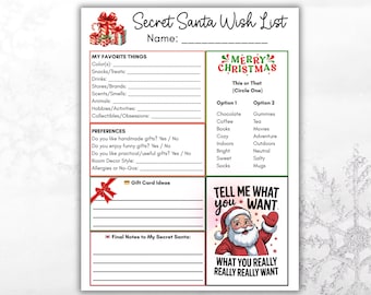 May include: A Secret Santa Wish List template with spaces for personal details and gift preferences. Features a "Merry Christmas" banner and a Santa Claus graphic with the phrase "Tell Me What You Want" in a festive design.