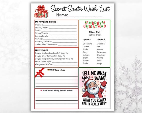 Secret Santa Wish List, Christmas Wishlist, Secret Santa Questionnaire for Coworkers, Secret Santa Survey, Secret Santa Printable Form