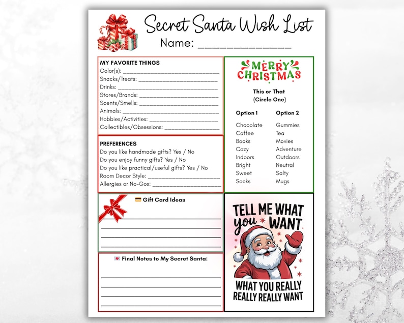 K&ouml;nnte beinhalten: Eine Secret Santa Wunschliste zum Ausdrucken mit Abschnitten f&uuml;r Lieblingsdinge, Vorlieben und Geschenkideen. Das Design beinhaltet eine "Merry Christmas" Grafik und eine Illustration des Weihnachtsmanns mit dem Text "Tell Me What You Want".