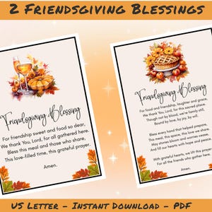 May include: Two Friendsgiving Blessings prints. The prints feature watercolor illustrations of Thanksgiving food and drink, with text of a Friendsgiving blessing. The prints are on a white background with a black border, and fall leaves in the corners.