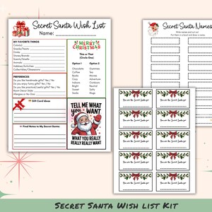 May include: A Secret Santa Wish List kit with printable sheets. The kit includes a wish list, name tags, and a sheet for drawing names. The wish list has sections for favourite things, preferences, and gift card ideas. The kit is decorated with Christmas-themed graphics.