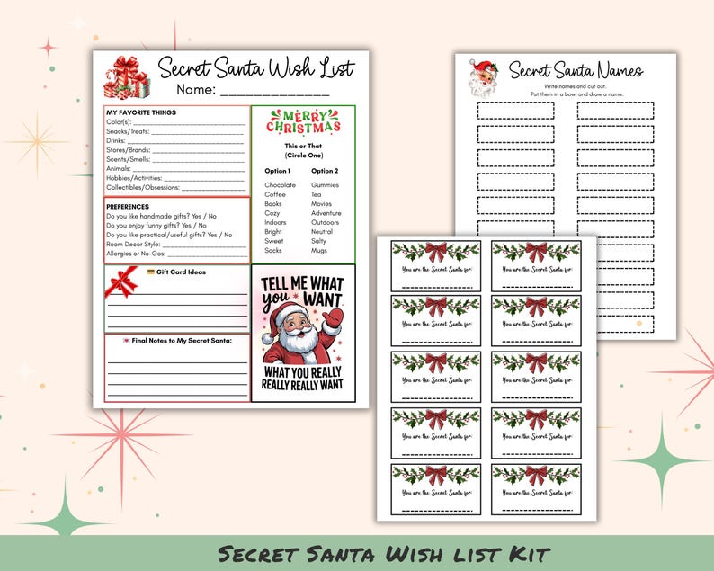 May include: A Secret Santa Wish List kit with printable sheets. The kit includes a wish list, name tags, and a sheet for drawing names. The wish list has sections for favourite things, preferences, and gift card ideas. The kit is decorated with Christmas-themed graphics.