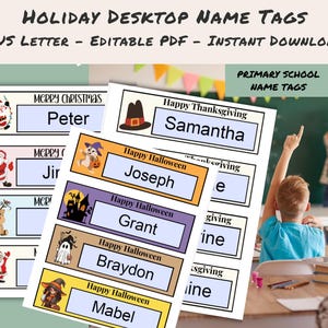Holiday Nameplate, Holiday Desktop Name Tags, Desktop Name Plates, Student Desk Tags, Classroom decor, Classroom Name Tag Editable Printable