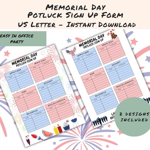 May include: Two Memorial Day potluck sign-up forms with red, white, and blue accents. The forms are labeled with categories like appetizer, main dish, dessert, and beverage. Text includes "US Letter - Instant Download" and "Easy in Office Party."