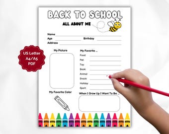 All About Me, Back to School, Get to Know You, Printable Activity for Kids, First Day of School Questionnaire,Favorite Things List,Bee Theme