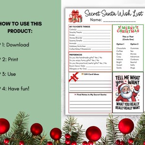 K&ouml;nnte beinhalten: Eine druckbare Secret Santa Wunschliste mit festlichem Weihnachtsthema. Die Liste enth&auml;lt Abschnitte f&uuml;r Lieblingsdinge, Vorlieben und Geschenkideen. Das Design hat rote und gr&uuml;ne Akzente und den Text "Tell Me What You Want".