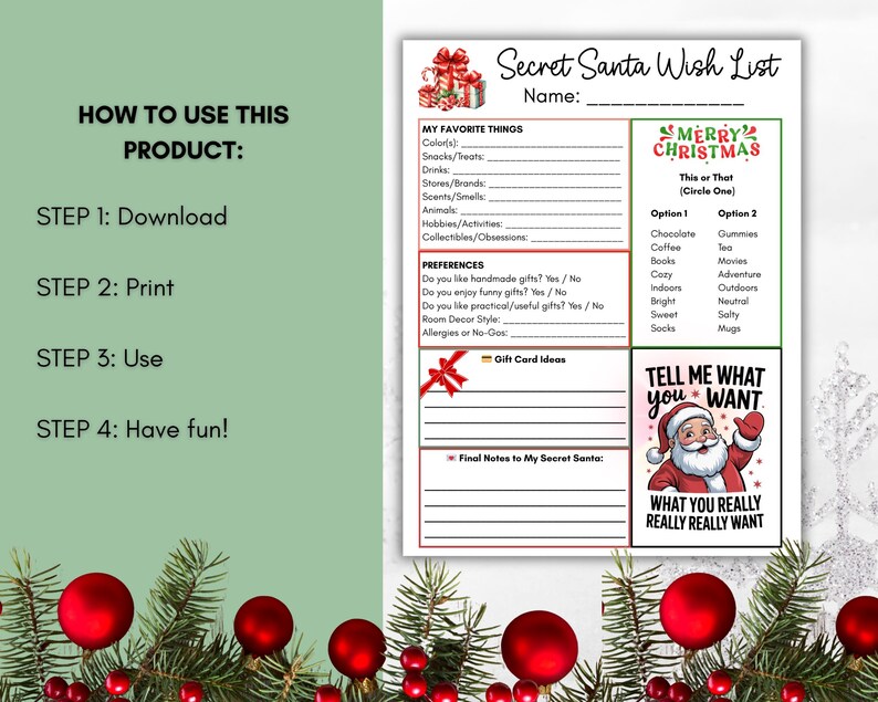 K&ouml;nnte beinhalten: Eine druckbare Secret Santa Wunschliste mit festlichem Weihnachtsthema. Die Liste enth&auml;lt Abschnitte f&uuml;r Lieblingsdinge, Vorlieben und Geschenkideen. Das Design hat rote und gr&uuml;ne Akzente und den Text "Tell Me What You Want".