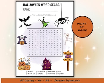 May include: Halloween-themed word search printable with bats, a spider, and a skeleton. The printable includes a word search grid, Halloween-themed illustrations, and the text "Print at Home".