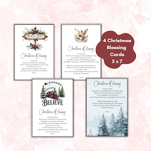 Könnte beinhalten: Vier Weihnachtskarten, jede mit einem einzigartigen Design. Eine Karte zeigt ein Nordpol-Schild, eine andere einen Engel, eine dritte einen Zug mit dem Wort "BELIEVE" und die letzte eine Winterszene. Die Karten sind 12,7 x 17,8 cm groß.