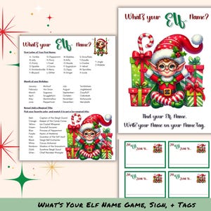 May include: A set of Christmas-themed printables featuring an elf character. The set includes a game sheet to determine an elf name, a sign, and name tags. The main colors are red, green, and white, with decorative stars.