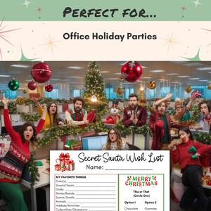 May include: A Christmas office party scene with people celebrating. The image includes a Secret Santa Wish List template. The text at the top reads "PERFECT FOR... Office Holiday Parties." The image has Christmas decorations.