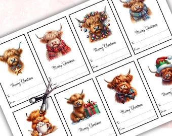 May include: A sheet of Christmas gift tags with Highland cow illustrations. Each tag shows a different cow wearing festive accessories, including scarves, hats, and fairy lights. The tags are printed with "Merry Christmas" and space for "To" and "From".
