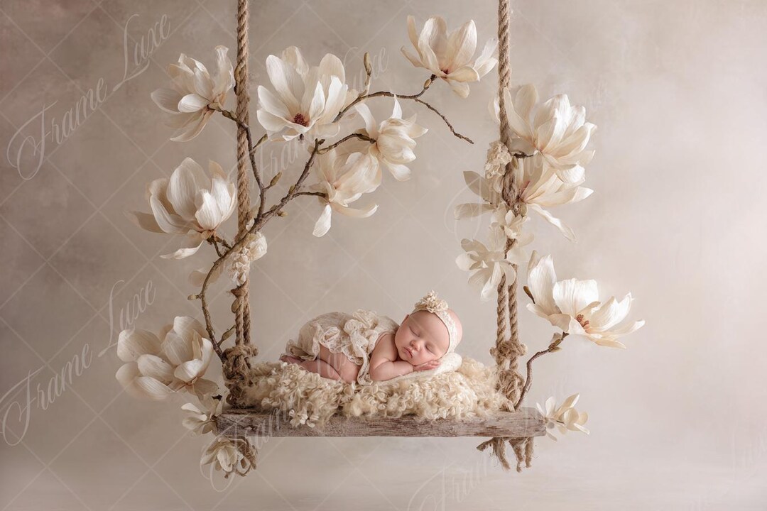 Newborn Digital Background, Minimalist Floral Swing, Baby Girl Fine Art ...