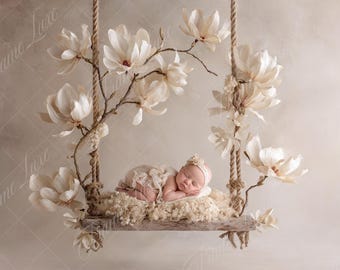 Arrière-plan numérique nouveau-né, balançoire florale minimaliste, toile de fond numérique pour photographie d'art bébé fille, superpositions de photographies, photo composite