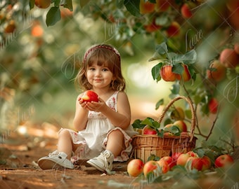 Apple Tree with Basket digital background, Summer Autumn Kids portrait digital backdrop, creative composite, Photography overlay, Garden