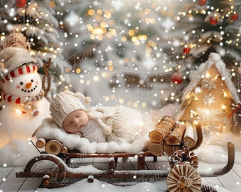 Newborn Digital Backdrop, Christmas Sleigh with snowman, Holiday Festive Composite digital background, Photoshop Overlays, Studio Background