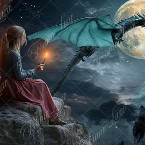 Dragon fly over the moon digital background, Dark Moody, portrait photography digital backdrop, fantasy Magical composite, Photoshop overlay