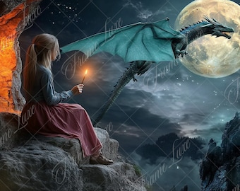 Dragon fly over the moon digital background, Dark Moody, portrait photography digital backdrop, fantasy Magical composite, Photoshop overlay