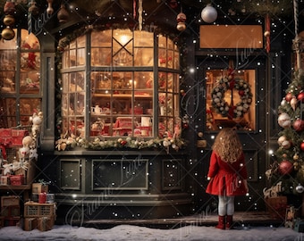 Christmas Store Front digital background, Fine Art Holiday portrait digital backdrop, festive Christmas composite,Studio Photography overlay