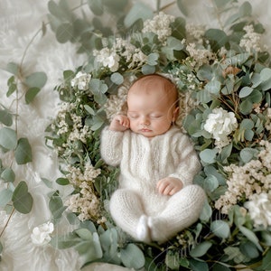 May include: A newborn baby sleeping peacefully in a wreath of eucalyptus and white flowers.