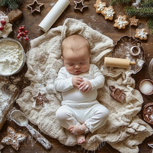 May include: A baby wearing a white onesie is lying on a beige blanket surrounded by Christmas cookies, flour, and baking supplies.