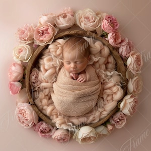 Telón de fondo digital para recién nacidos, cuenco de madera con flor de peonía rosa, fondo digital compuesto floral de primavera, superposiciones de Photoshop, fondo de estudio