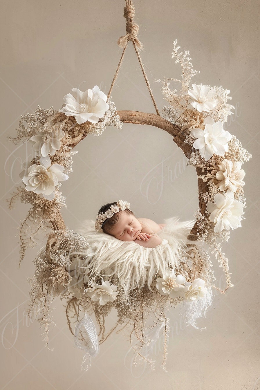 Neugeborener Digitaler Hintergrund, Weißer Boho Blumenrahmen auf Beige, Frühlings-Blumen-zusammengesetzter digitaler Hintergrund, Photoshop Overlays, Studio Hintergrund